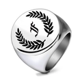 Vintage stainless steel signet ring with gothic letter F and laurel leaf engraving - Letter F