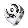 Men's silver round signet ring with gothic letter and laurel wreath engraving - Letter G