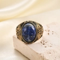 Bague rétro en acier inoxydable avec pierre bleue ovale et ajourage floral doré - US 7 / Or Bleu Blanc