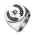 Silver stainless steel signet ring featuring Gothic letter B and laurel wreath engraving - Letter H