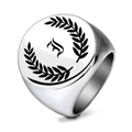 Vintage stainless steel signet ring with engraved gothic letter F and laurel wreath - Letter I