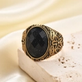 Bague vintage 22mm en acier doré avec pierre de grès bleu et gravures florales - US 7 / Or Pierre de Sable Bleue