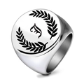 Vintage silver signet ring with engraved Gothic letter F and laurel leaves patterns - Letter J