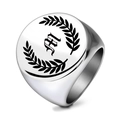 Mens vintage stainless steel signet ring with gothic letter M and laurel wreath detail - Letter M