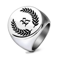 Polished silver stainless steel signet ring with Gothic letter R and laurel wreath - Letter R
