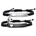 Detail of magnetic heart couple bracelets with 'Te echo de menos' engraved metal bar - I Love You 3000