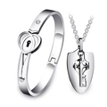 Silver stainless steel couples jewelry set with heart lock bracelet and key necklace - Silver Heart