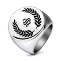 Men's silver stainless steel signet ring with engraved S letter and laurel wreath - Letter S