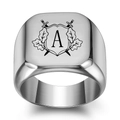 Chevalière carrée argentée pour homme avec lettre A gravée au laser et motif héraldique - Taille 6 / Lettre A