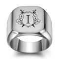 Vintage silver signet ring with engraved heraldic shield and letter I on square top - Letter I