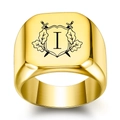 18K gold plated square signet ring featuring laser engraved letter I and crossed swords - Letter I