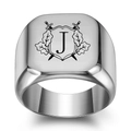 Silver square signet ring with brushed finish and letter J engraving in heraldic style - Letter J