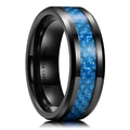 Detail of blue carbon fiber inlay and engraved tungsten carbide inner band of the ring - US 6 / Electroplated Black & Blue