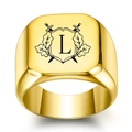 18K gold plated signet ring with engraved letter L and crossed swords crest - L