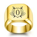 Polished 18K gold square signet ring with vintage cross sword heraldic crest and character 0 - Letter O