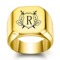 18K gold plated signet ring for men featuring engraved letter R and crossed swords - Letter R