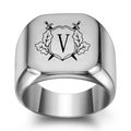 Square silver signet ring with letter V and crossed swords emblem on polished metal - Letter V