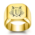 Polished 18K gold square signet ring featuring laser engraved letter U and crossed swords - Letter U