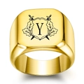18K gold plated signet ring featuring engraved letter Y with shield and crossed swords - Letter Y