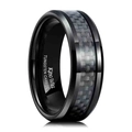Macro shot of 8mm black stainless steel ring with blue carbon fiber inlay and polished edges - US 7 / Electroplated Black & Gray