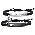 Black woven magnetic couple bracelet with engraved silver bars and heart charms - I'm Hooked On You