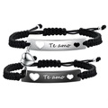 Magnetic couples bracelets with Te amo engraved stainless steel bars and black woven cords - Te Amo