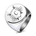 Detail of silver stainless steel signet ring with engraved coat of arms and letter C - Size 7 / Letter C Style