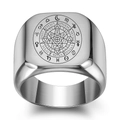 Square silver signet ring with engraved zodiac constellations and occult symbols - US 5 / Steel