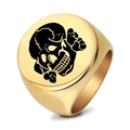 Polished gold stainless steel signet ring featuring a black skull punk design on white - US 7 / Gold