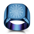 Blue stainless steel signet ring with engraved zodiac constellation dial and square face - US 5 / Blue