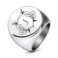 Mens silver stainless steel signet ring with engraved letter J and heraldic swords - Size 7 / Letter J Style