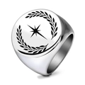 Retro stainless steel signet ring with laser-etched star and laurel leaf wreath design - US 7 / Steel