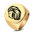 Gold stainless steel signet ring for men featuring a black laser engraved lion head - US 7 / Gold