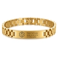 Custom gold stainless steel medical alert bracelet with engraved ID plate and watch band link - Gold
