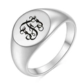 Detalle del anillo de sello plateado con letra grabada con láser y acabado pulido espejo - Talla 4 / Letra del alfabeto F
