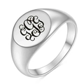 Detalle de un anillo de sello en plata pulida con grabado personalizado de monograma negro - Talla 4 / Letra G
