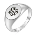 Detalle de anillo de sello de acero inoxidable plateado con monograma de letra cursiva - Talla 4 / Letra L