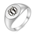 Anillo de sello de acero inoxidable plateado pulido con grabado láser negro - Talla 4 / Letra del alfabeto O