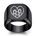 Polished black stainless steel signet ring featuring laser engraved family heart portrait - US 4 / Black