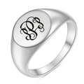 Anillo de sello en acero inoxidable pulido con letra P floral grabada con láser - Talla 4 / Letra del alfabeto P