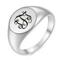 Anillo de sello de acero inoxidable plateado pulido con cara ovalada y monograma negro - Talla 4 / Letra del alfabeto T