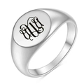 Anillo de sello en acero inoxidable plateado con letra cursiva negra grabada - Talla 4 / Letra del alfabeto U