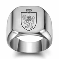 Macro shot of silver stainless steel signet ring with engraved lion crest and letter T - Size 5 / Heraldic Letter P Style