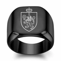 Macro detail of black square signet ring featuring laser engraved lion and crown design - Size 5 / Style B