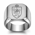 Macro shot of silver signet ring featuring engraved lion crest with crown and letter C - Size 5 / Heraldic Letter C Style
