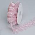 Light pink mesh pleated lace trim with white pearls on a roll for DIY hair accessories - Pink