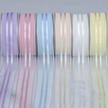 Detailed view of semi-transparent striped organza ribbons in six assorted pastel colors - Consult Customer