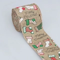 Ruban de Noël 6,5cm texture lin avec motifs chaussettes et texte Merry Christmas - Chaussettes de Noël (Naturel)