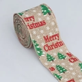 Linen Christmas ribbon with red Merry Christmas text and green tree patterns - Merry Christmas Text (Natural)