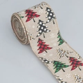 Christmas burlap ribbon roll with multi-patterned trees and wired golden edges for DIY crafts - Christmas Tree Collage (Natural)